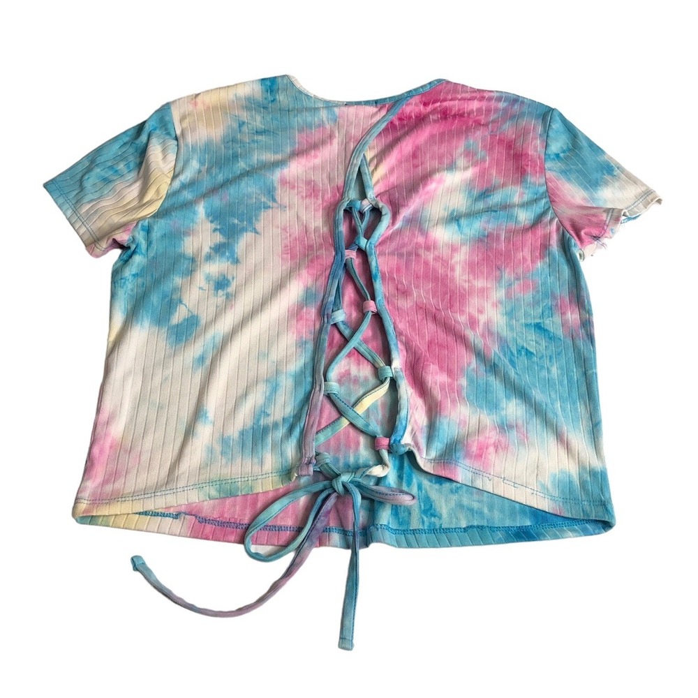 Y2K Rue 21 Crop Top Womens 1X Tie Dye Ribbed Corset Tie Back Short Sleeve Crew - Picture 2 of 9